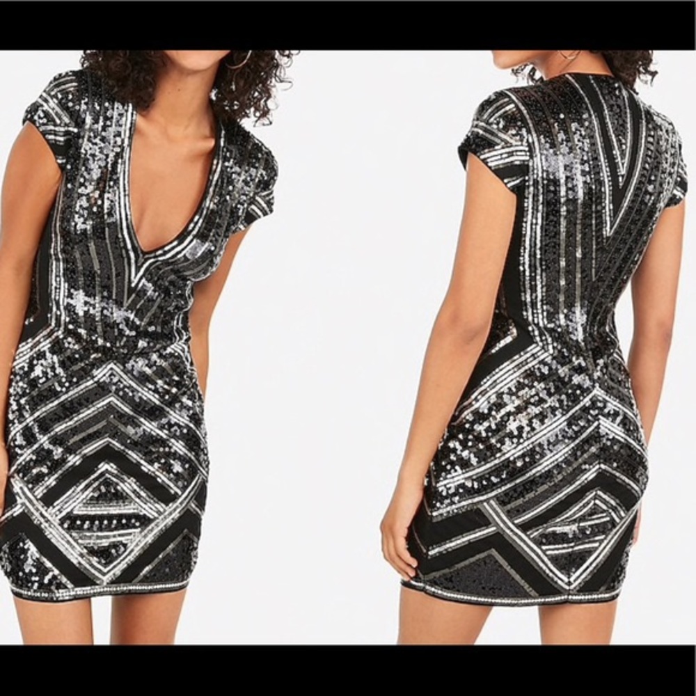 NWT Geometric Sequin Deep V Mini Sheath Dress